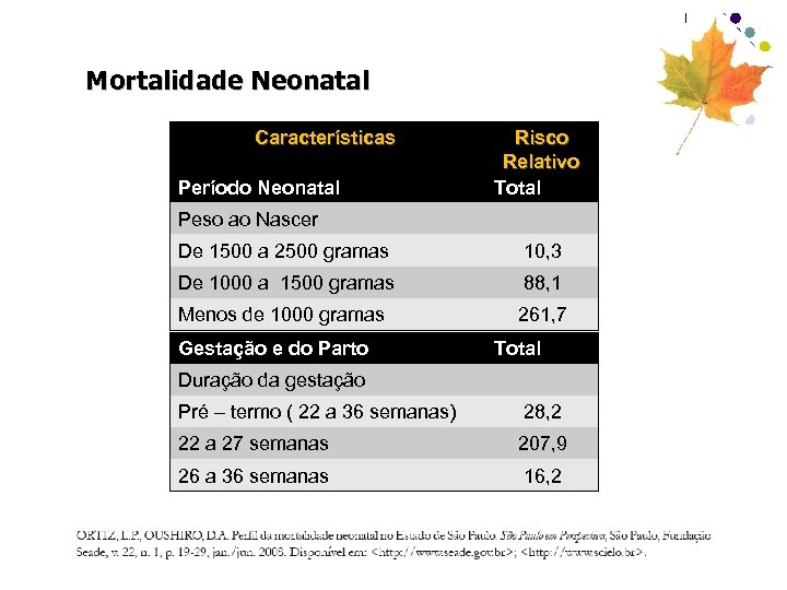 Mortalidade Neonatal Características Período Neonatal Risco Relativo Total Peso ao Nascer De 1500 a