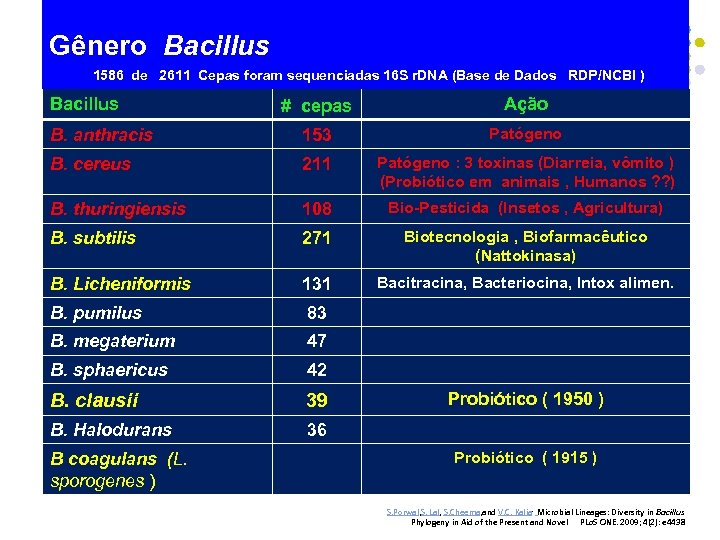 Gênero Bacillus 1586 de 2611 Cepas foram sequenciadas 16 S r. DNA (Base de