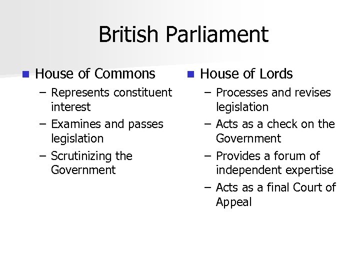 British Parliament n House of Commons – Represents constituent interest – Examines and passes