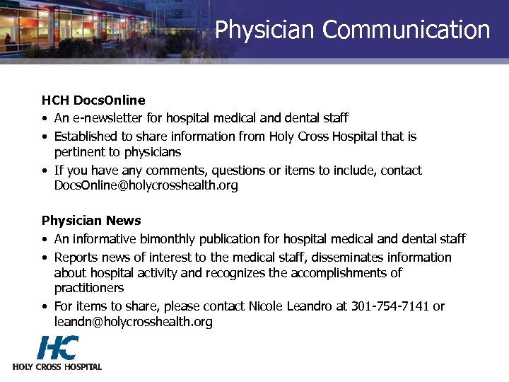 Physician Communication HCH Docs. Online • An e-newsletter for hospital medical and dental staff