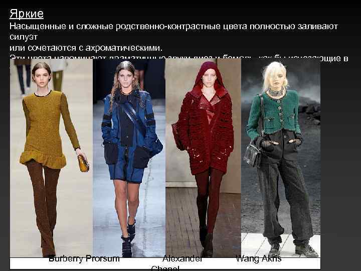 Яркие Насыщенные и сложные родственно-контрастные цвета полностью заливают силуэт или сочетаются с ахроматическими. Эти