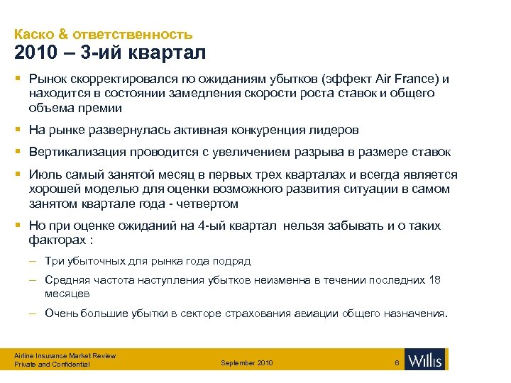 Каско & ответственность 2010 – 3 -ий квартал § Рынок скорректировался по ожиданиям убытков