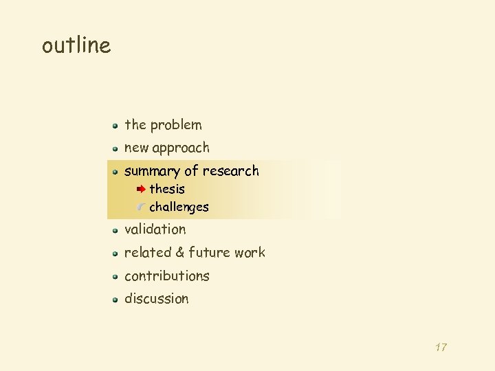outline the problem new approach summary of research thesis challenges validation related & future