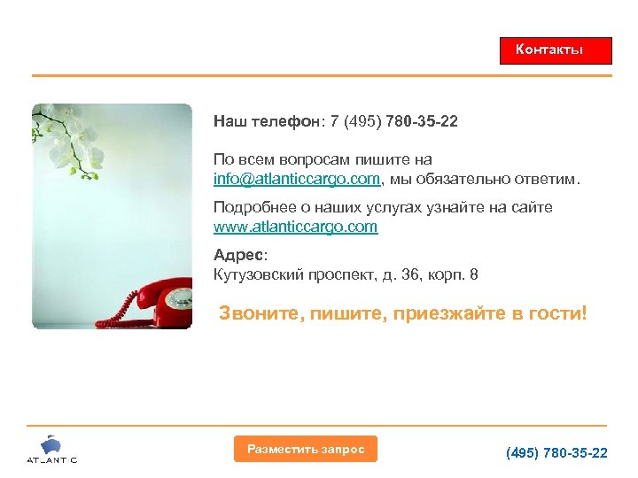 Контакты Наш телефон: 7 (495) 780 -35 -22 По всем вопросам пишите на info@atlanticcargo.