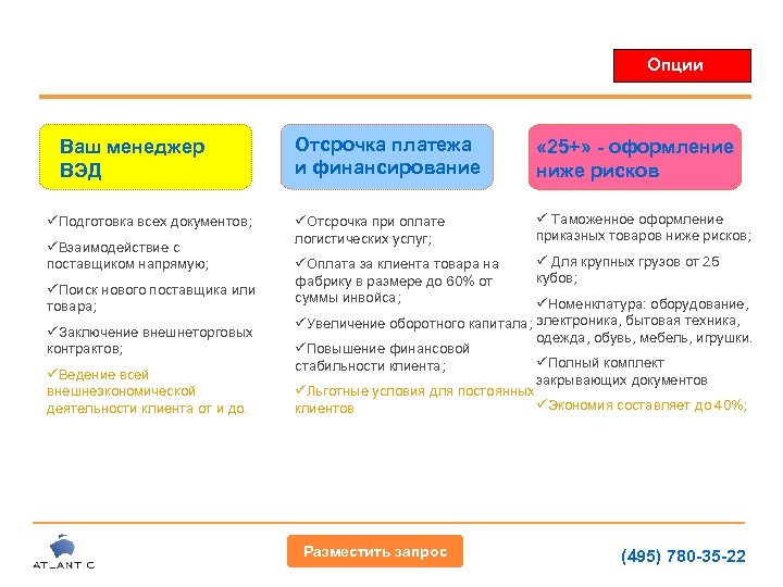 Опции Ваш менеджер ВЭД üПодготовка всех документов; üВзаимодействие с поставщиком напрямую; üПоиск нового поставщика