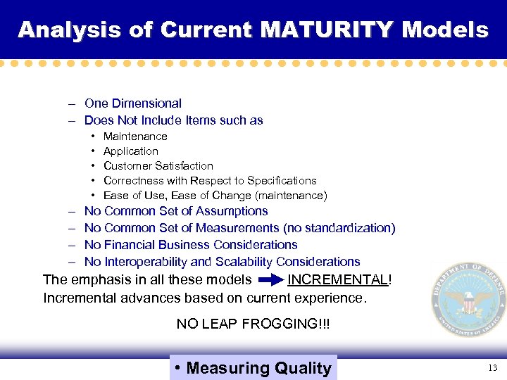 Analysis of Current MATURITY Models – One Dimensional – Does Not Include Items such