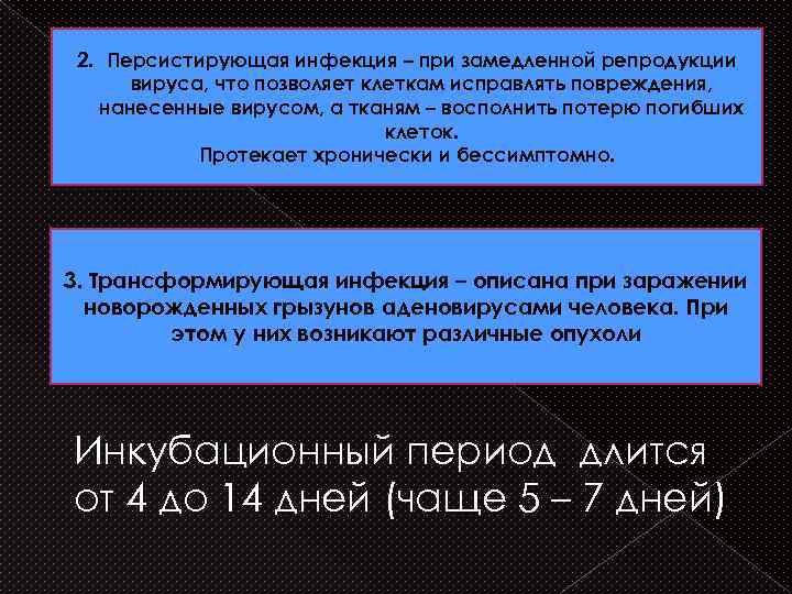 2. Персистирующая инфекция – при замедленной репродукции вируса, что позволяет клеткам исправлять повреждения, нанесенные