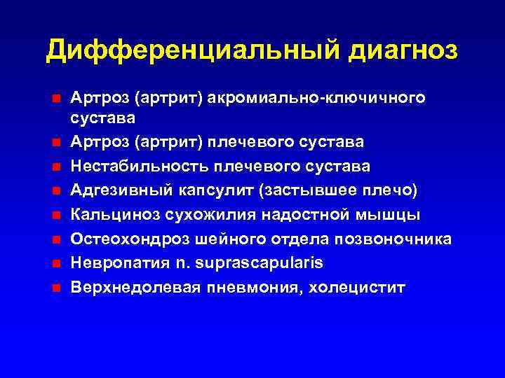 Дифференциальный диагноз n n n n Артроз (артрит) акромиально-ключичного сустава Артроз (артрит) плечевого сустава
