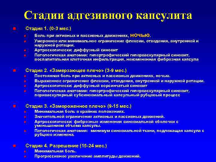 Стадии адгезивного капсулита n Стадия 1. (0 -3 мес. ) u u n Стадия