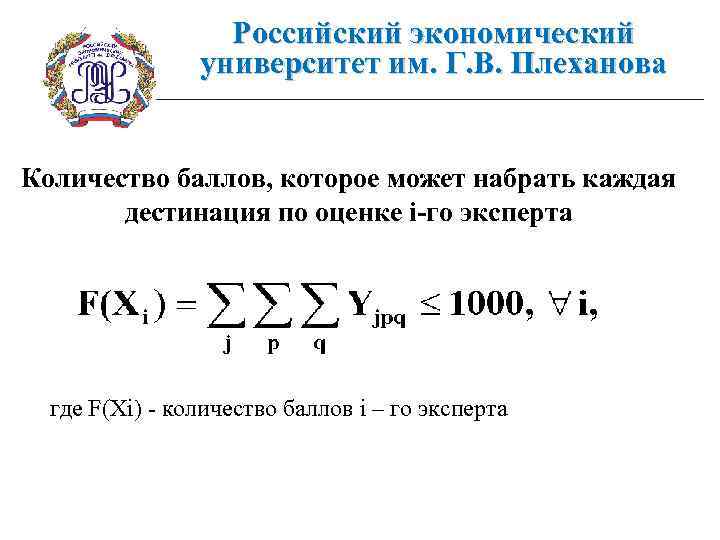 Российский экономический университет им. Г. В. Плеханова Количество баллов, которое может набрать каждая дестинация