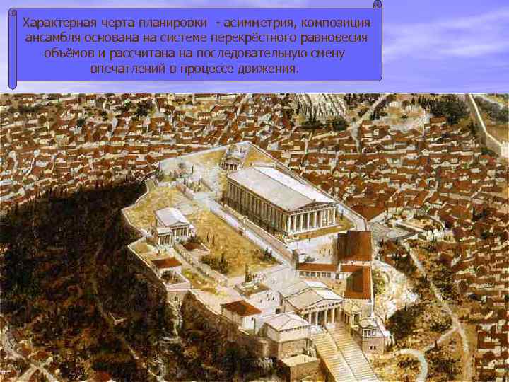 Характерная черта планировки - асимметрия, композиция ансамбля основана на системе перекрёстного равновесия объёмов и