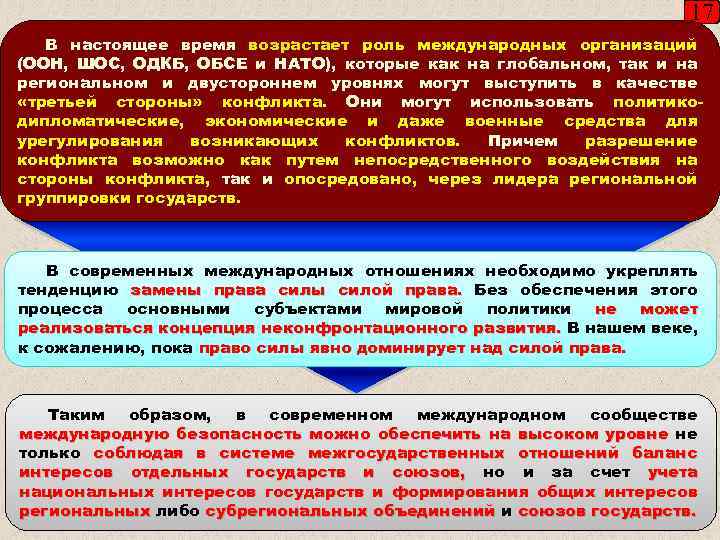 17 В настоящее время возрастает роль международных организаций (ООН, ШОС, ОДКБ, ОБСЕ и НАТО),