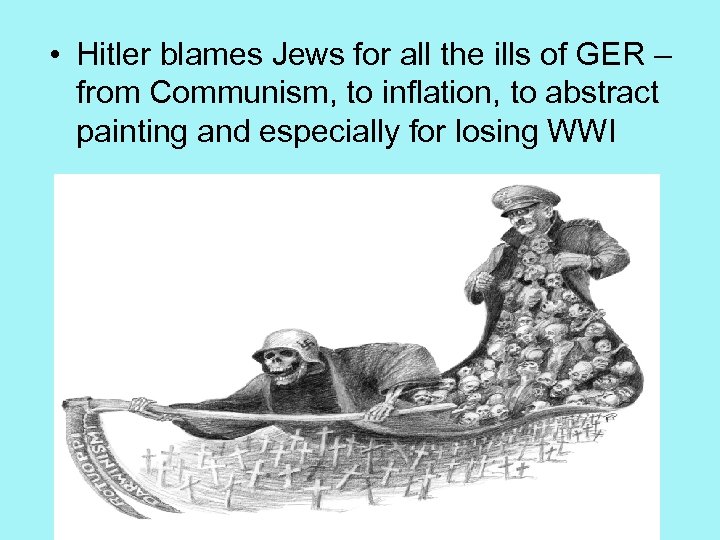  • Hitler blames Jews for all the ills of GER – from Communism,