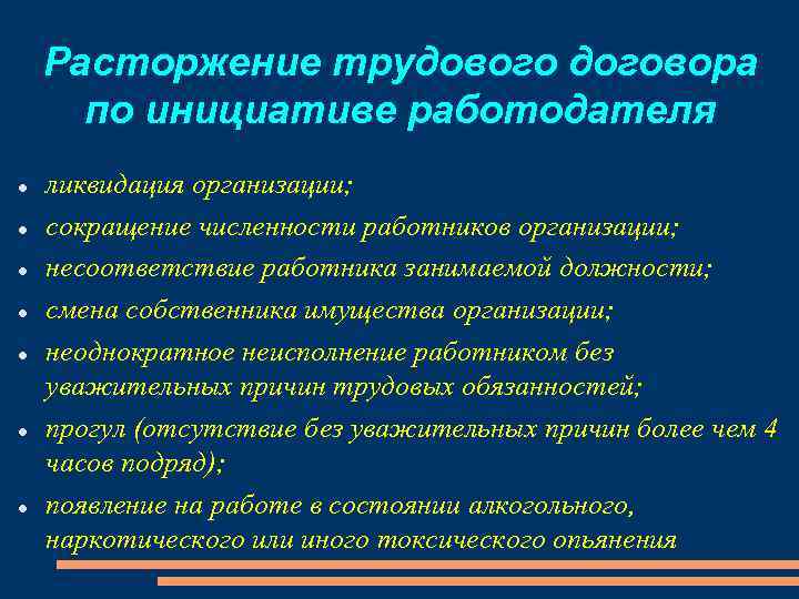 Расторжение трудового договора по инициативе работодателя ликвидация организации; сокращение численности работников организации; несоответствие работника