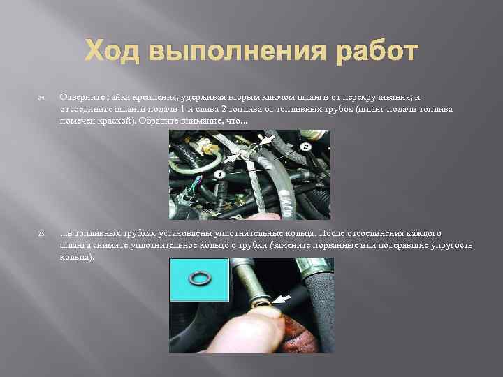 Ход выполнения работ 24. Отверните гайки крепления, удерживая вторым ключом шланги от перекручивания, и