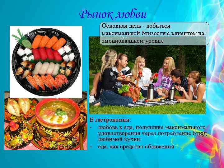 Рынок любви Основная цель - добиться максимальной близости с клиентом на эмоциональном уровне В