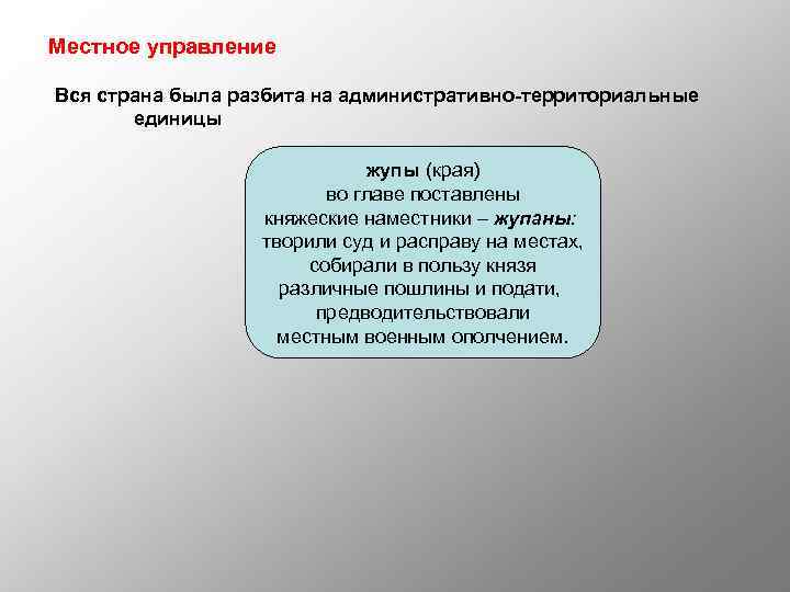 Местное управление Вся страна была разбита на административно-территориальные единицы жупы (края) во главе поставлены