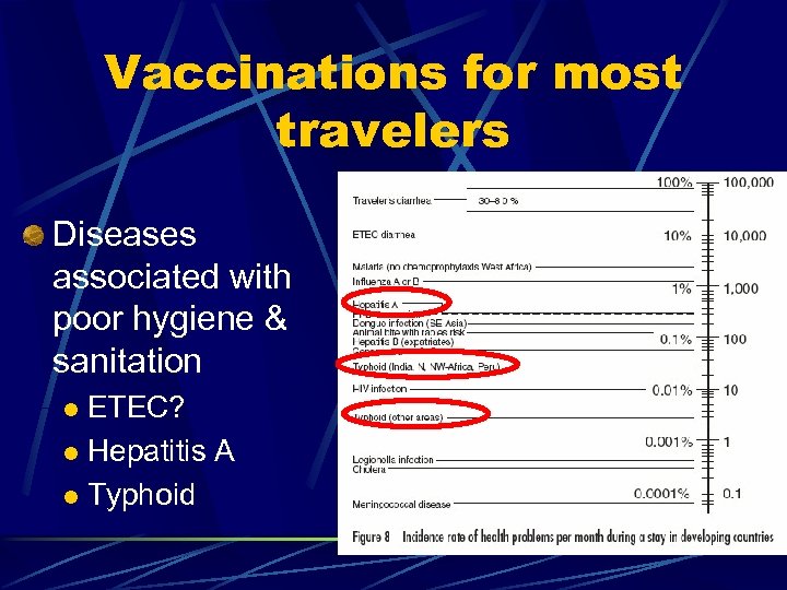 Vaccinations for most travelers Diseases associated with poor hygiene & sanitation ETEC? l Hepatitis