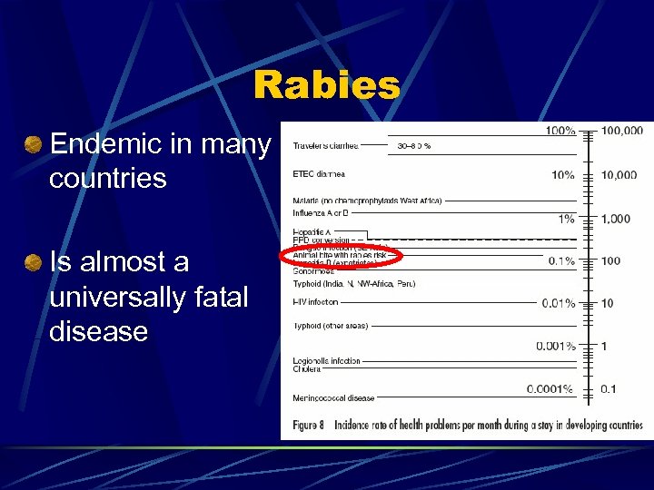 Rabies Endemic in many countries Is almost a universally fatal disease 