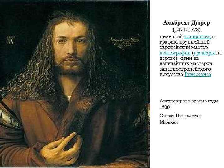 Альбрехт Дюрер (1471 -1528) немецкий живописец и график, крупнейший европейский мастер ксилографии (гравюры на