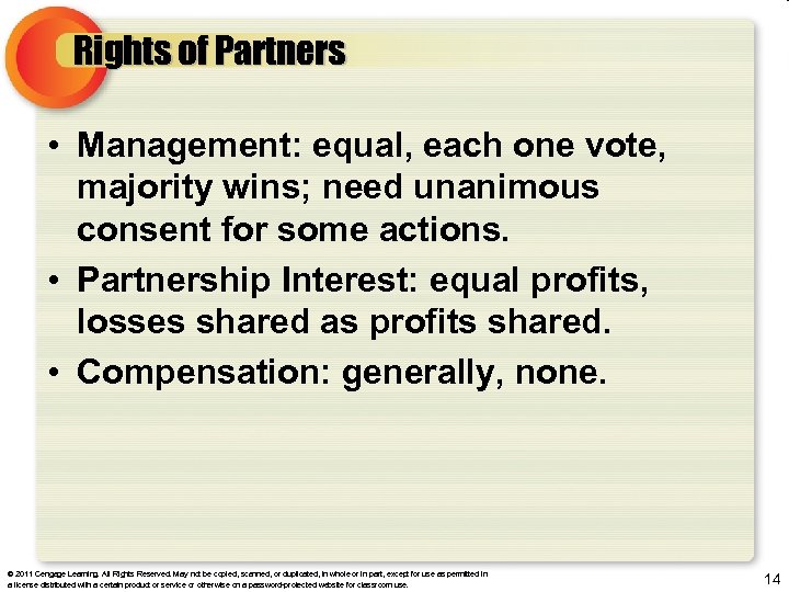 Rights of Partners • Management: equal, each one vote, majority wins; need unanimous consent