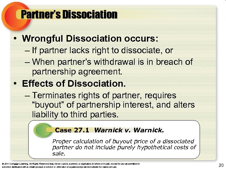 Partner’s Dissociation • Wrongful Dissociation occurs: – If partner lacks right to dissociate, or