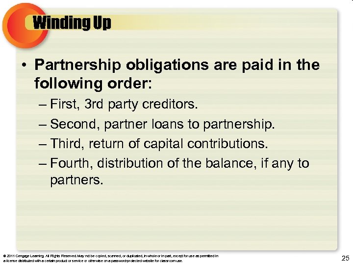 Winding Up • Partnership obligations are paid in the following order: – First, 3