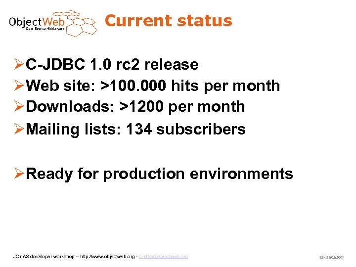 Current status C-JDBC 1. 0 rc 2 release Web site: >100. 000 hits per
