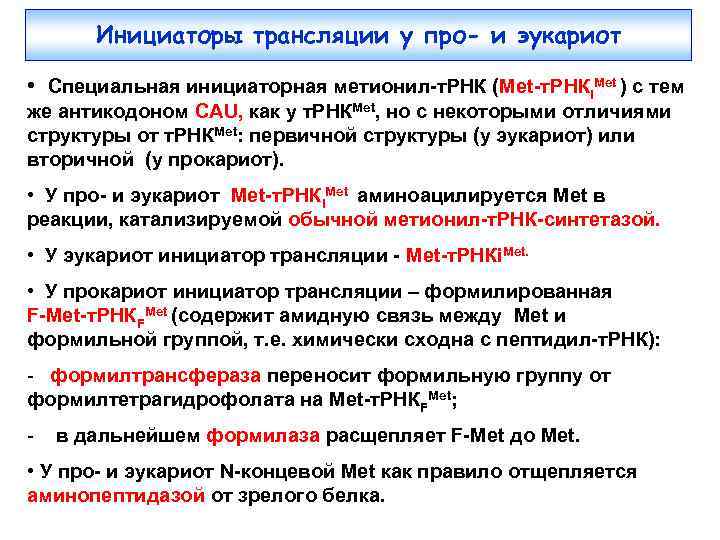 Инициаторы трансляции у про- и эукариот • Специальная инициаторная метионил-т. РНК (Met-т. РНКi. Met
