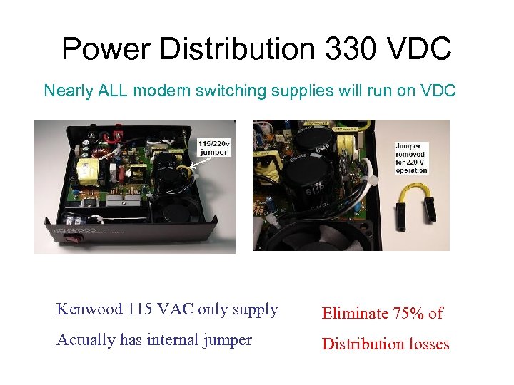 Power Distribution 330 VDC Nearly ALL modern switching supplies will run on VDC Kenwood