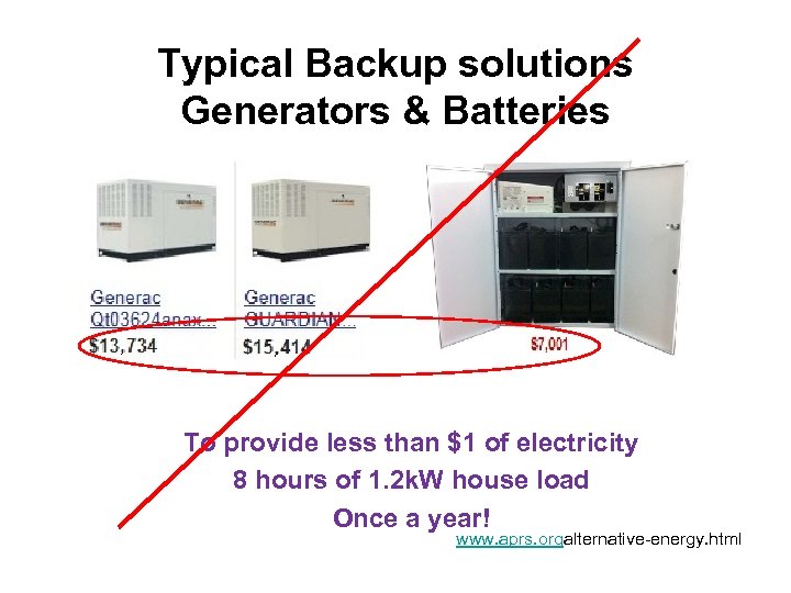 Typical Backup solutions Generators & Batteries To provide less than $1 of electricity 8