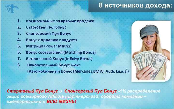 8 источников дохода: 1. Комиссионные за прямые продажи 2. Стартовый Пул бонус 3. Спонсорский