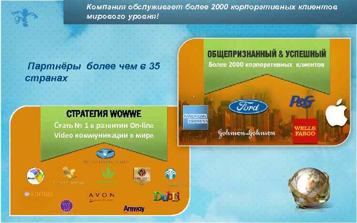 Компания обслуживает более 2000 корпоративных клиентов мирового уровня! Партнёры более чем в 35 странах