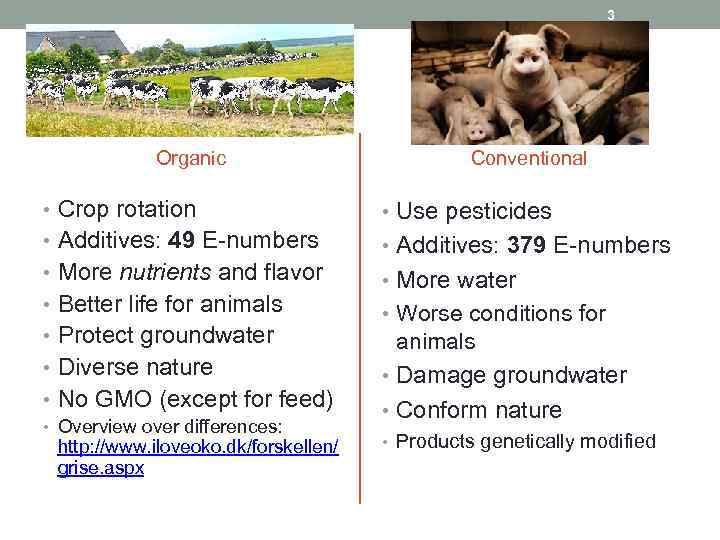 3 Organic Conventional • Crop rotation • Use pesticides • Additives: 49 E-numbers •