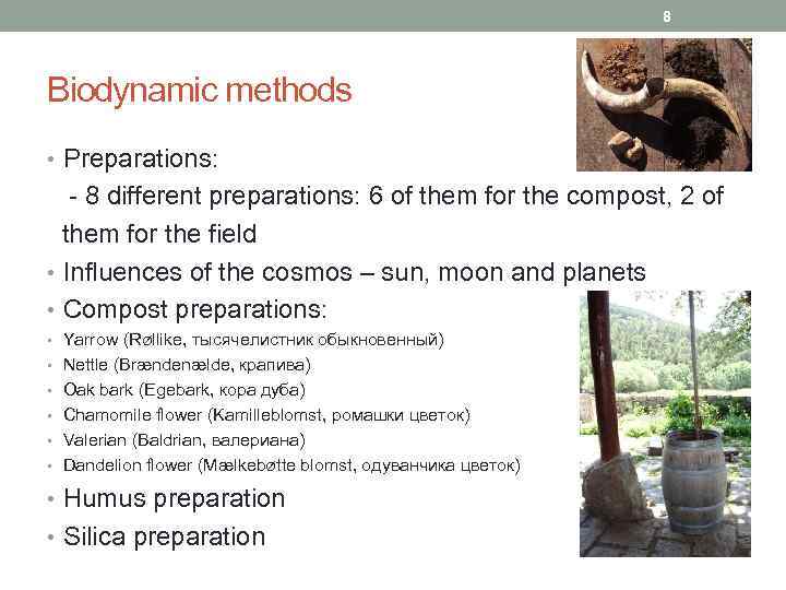 8 Biodynamic methods • Preparations: - 8 different preparations: 6 of them for the