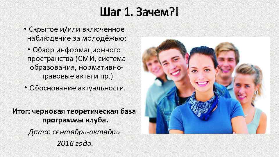 Шаг 1. Зачем? ! • Скрытое и/или включенное наблюдение за молодёжью; • Обзор информационного