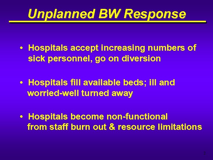 Unplanned BW Response • Hospitals accept increasing numbers of sick personnel, go on diversion