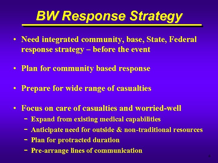 BW Response Strategy • Need integrated community, base, State, Federal response strategy – before