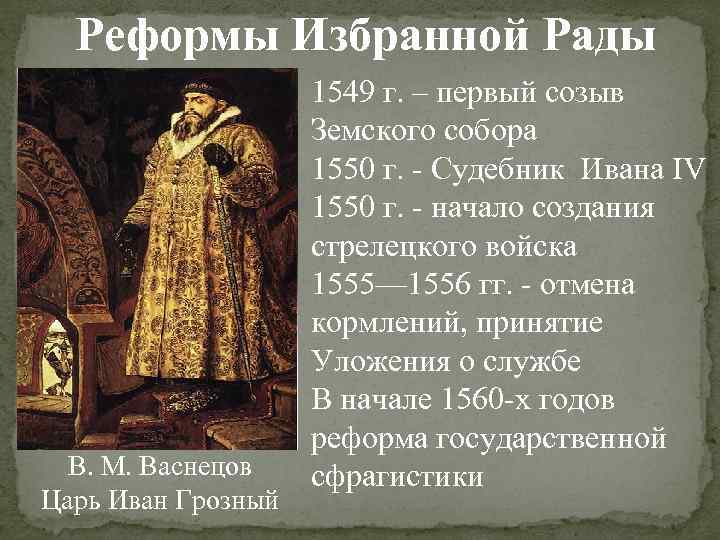  Реформы Избранной Рады В. М. Васнецов Царь Иван Грозный 1549 г. – первый