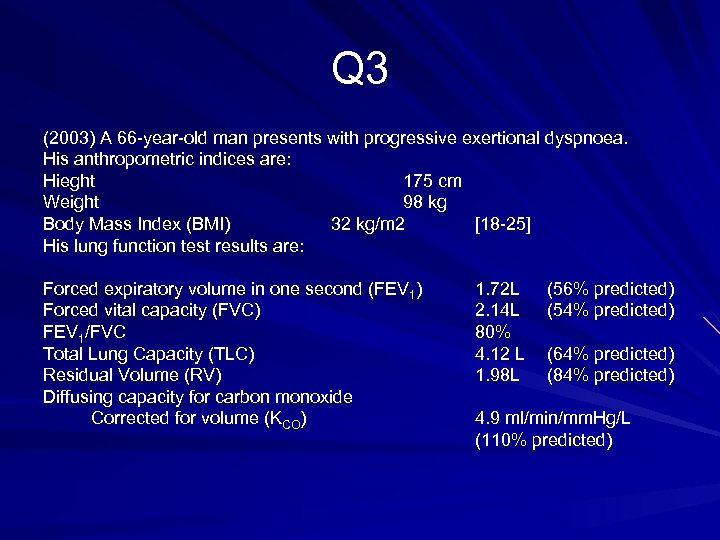 Q 3 (2003) A 66 -year-old man presents with progressive exertional dyspnoea. His anthropometric