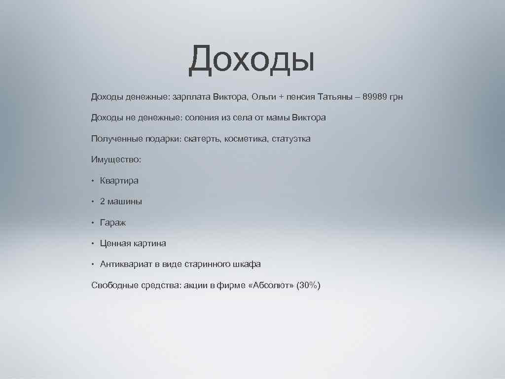 Доходы денежные: зарплата Виктора, Ольги + пенсия Татьяны – 89989 грн Доходы не денежные: