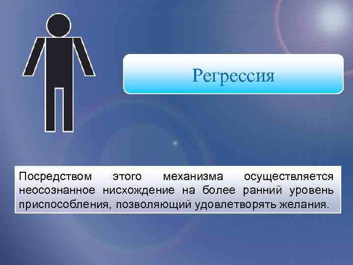 Регрессия Посредством этого механизма осуществляется неосознанное нисхождение на более ранний уровень приспособления, позволяющий удовлетворять