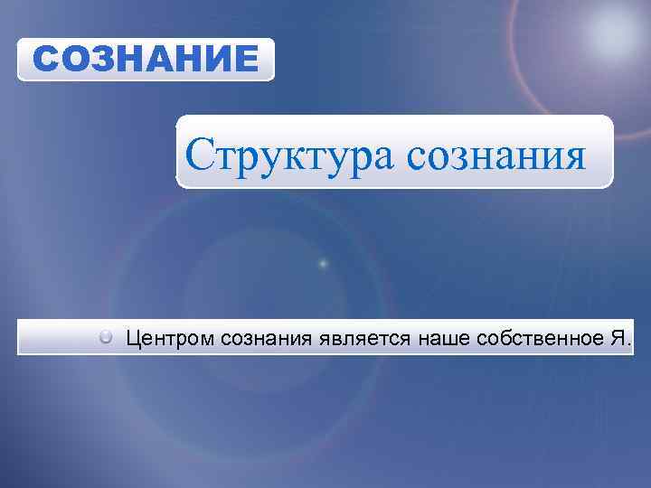 СОЗНАНИЕ Структура сознания Центром сознания является наше собственное Я. 