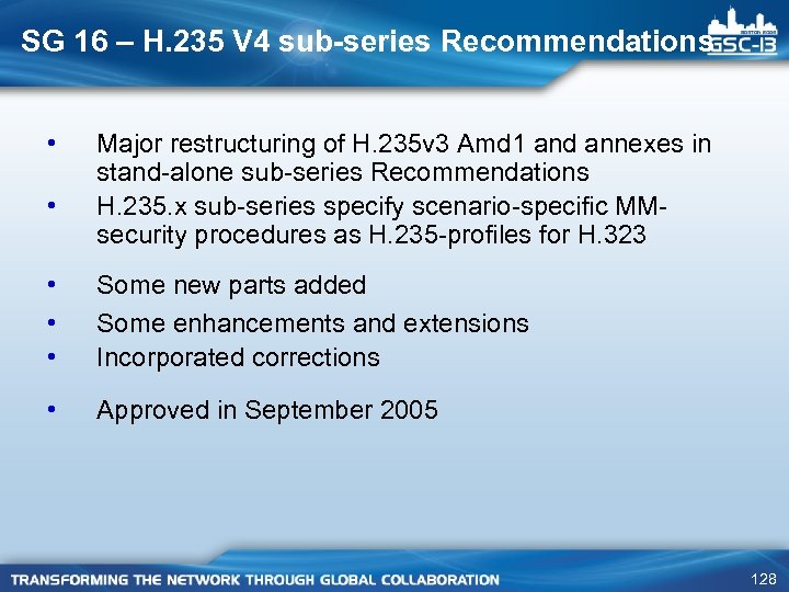 SG 16 – H. 235 V 4 sub-series Recommendations • • Major restructuring of