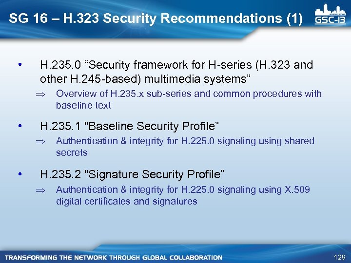 SG 16 – H. 323 Security Recommendations (1) • H. 235. 0 “Security framework