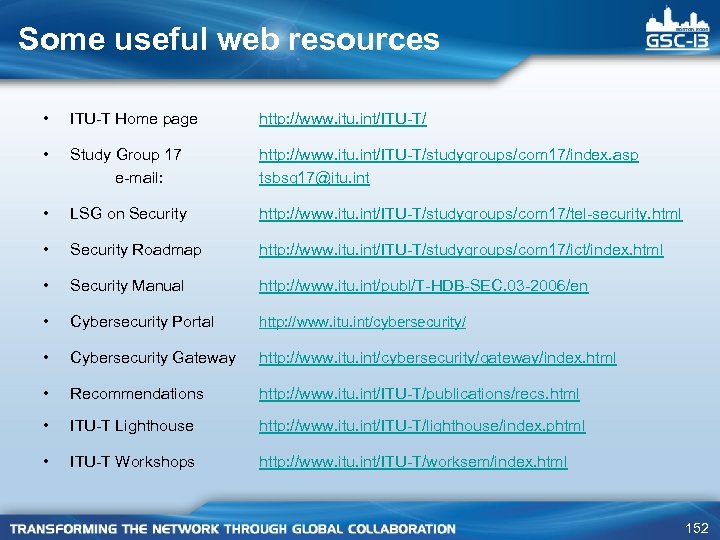 Some useful web resources • ITU-T Home page http: //www. itu. int/ITU-T/ • Study