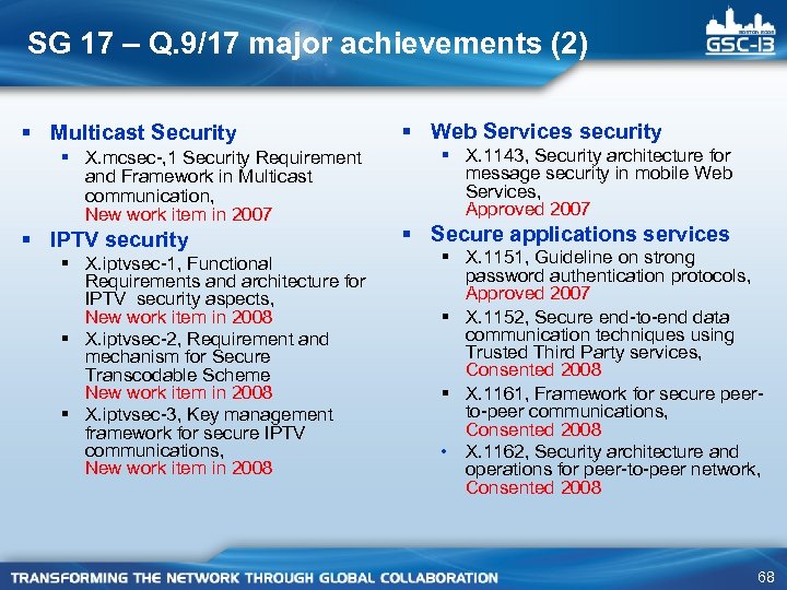 SG 17 – Q. 9/17 major achievements (2) § Multicast Security § X. mcsec-,