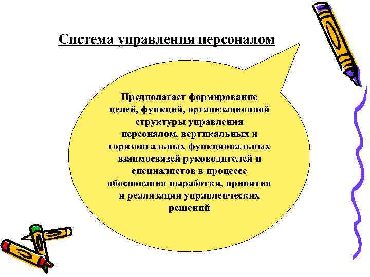 Система управления персоналом Предполагает формирование целей, функций, организационной структуры управления персоналом, вертикальных и горизонтальных