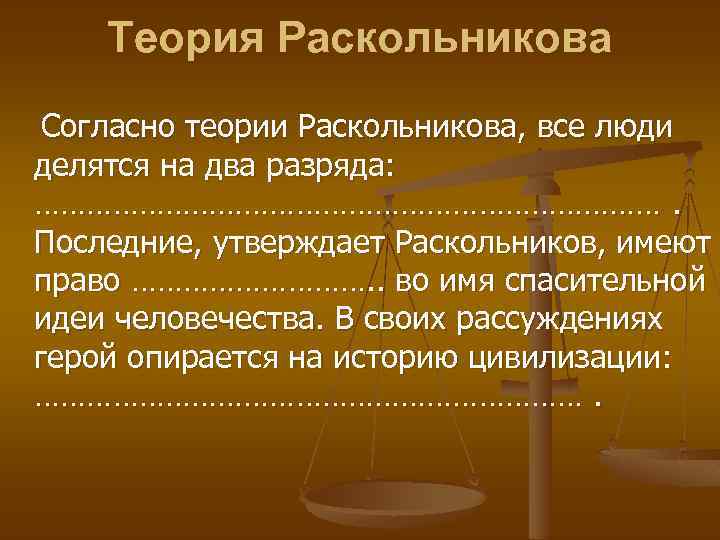 Теория Раскольникова Согласно теории Раскольникова, все люди делятся на два разряда: ………………………………. Последние, утверждает