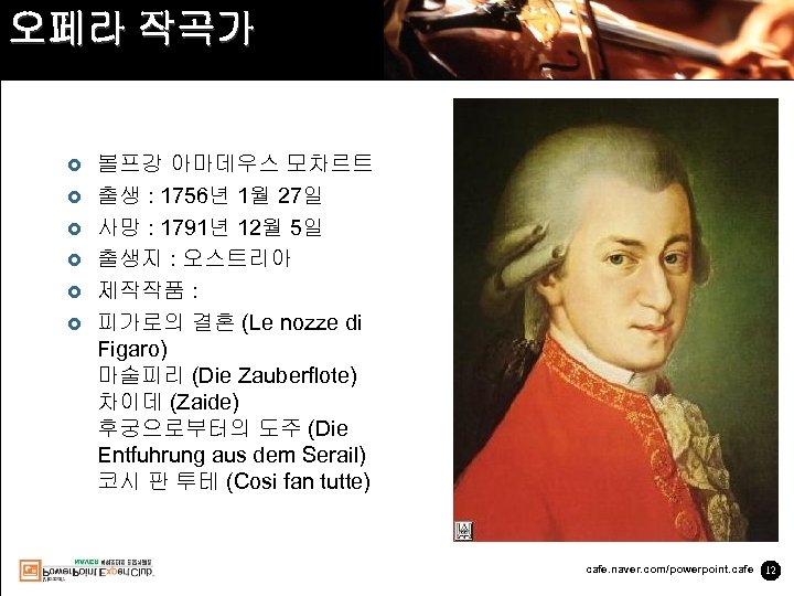 오페라 작곡가 £ £ £ 볼프강 아마데우스 모차르트 출생 : 1756년 1월 27일 사망